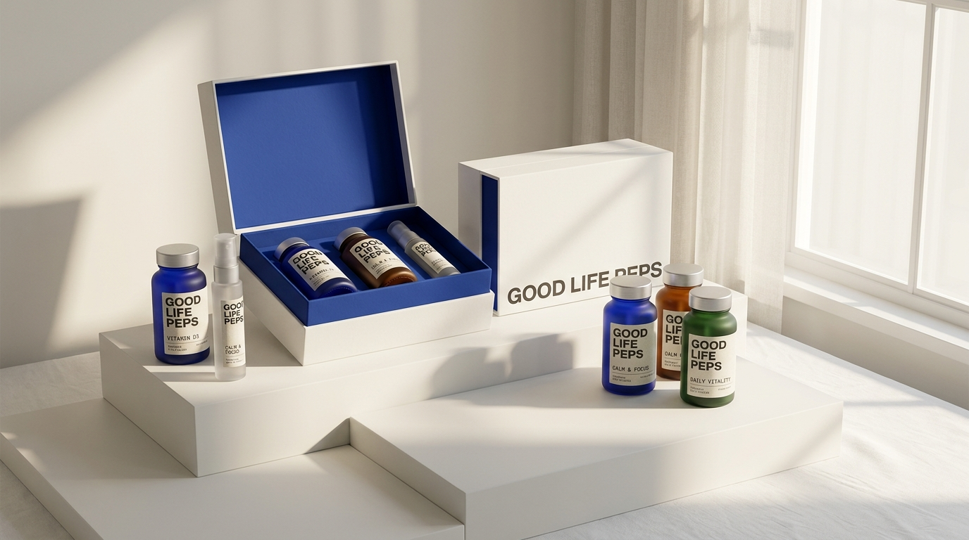 Empaques Good Life Peps: frascos de vidrio esmerilado y cajas porcelana